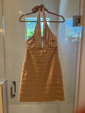 BCBG elegant Halter Tiered Mini Dress in light gold